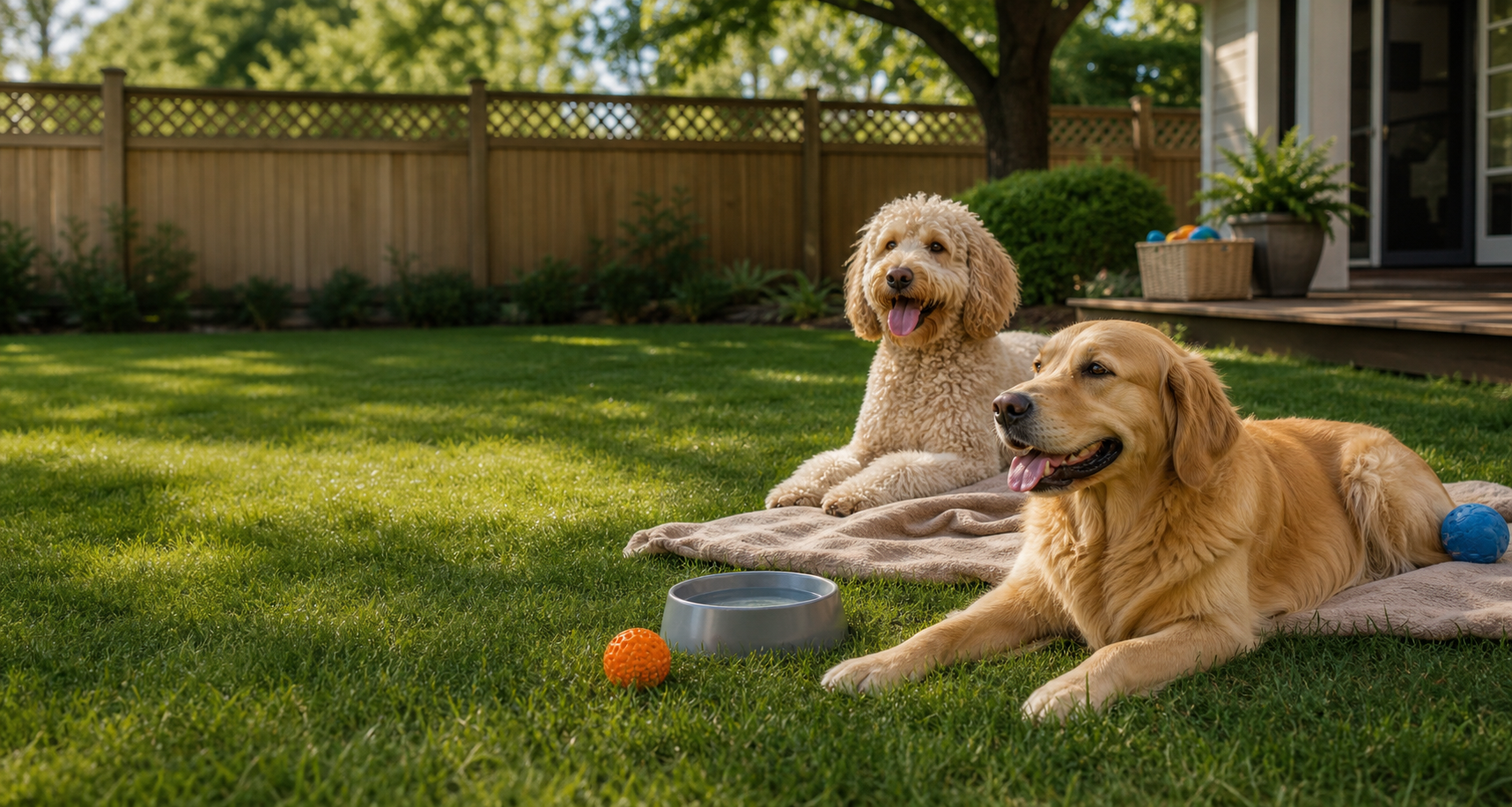 Dogs relaxing in a safe fenced backyard